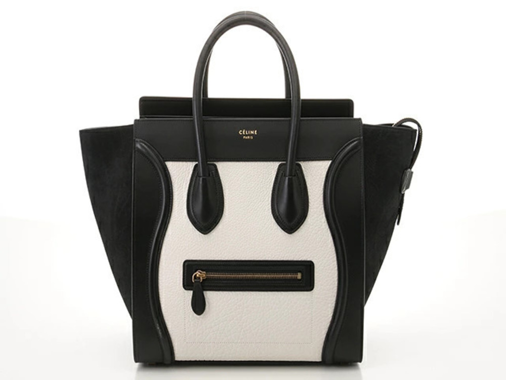 Celine Luggage Tote Shopper Bag Handbag Black White Calf Suede